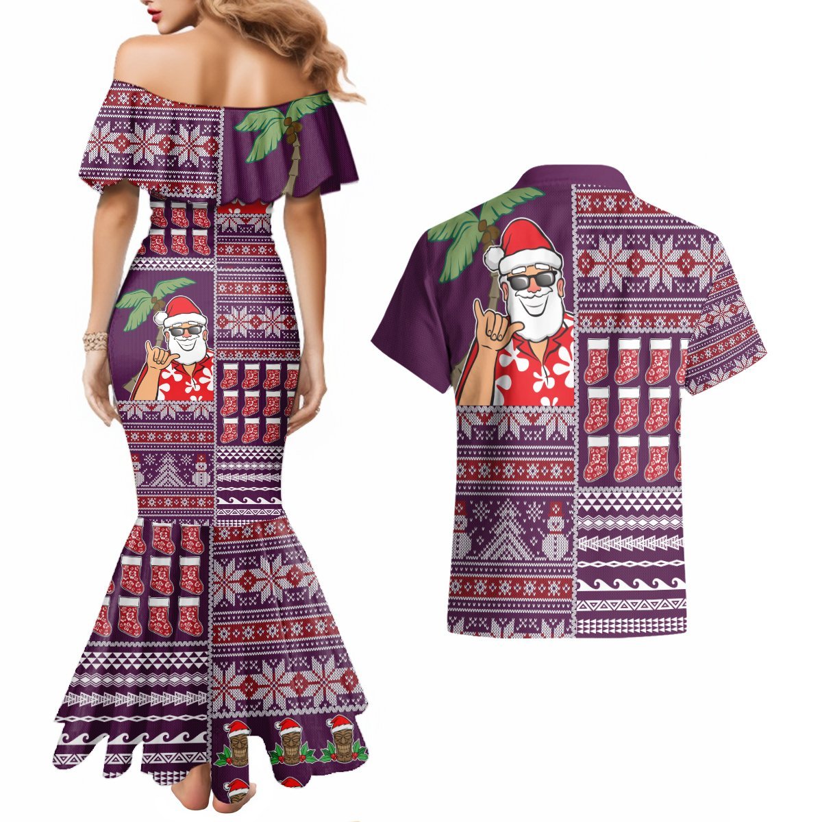 Hawaii Mele Kalikimaka Couples Matching Mermaid Dress and Hawaiian Shirt Aloha and Christmas Elements Patchwork Pink Style LT03 - Polynesian Pride