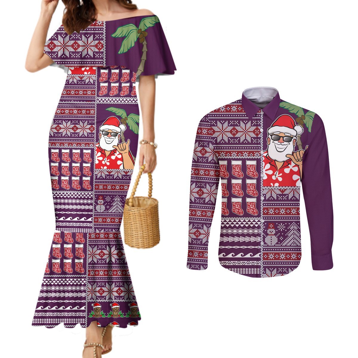 Hawaii Mele Kalikimaka Couples Matching Mermaid Dress and Long Sleeve Button Shirt Aloha and Christmas Elements Patchwork Pink Style LT03 Pink - Polynesian Pride