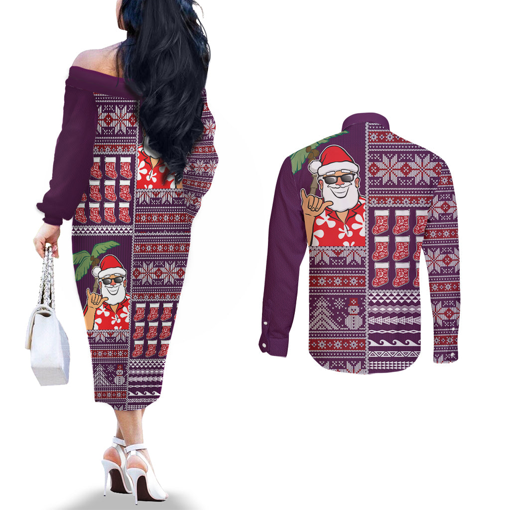 Hawaii Mele Kalikimaka Couples Matching Off The Shoulder Long Sleeve Dress and Long Sleeve Button Shirt Aloha and Christmas Elements Patchwork Pink Style LT03 - Polynesian Pride