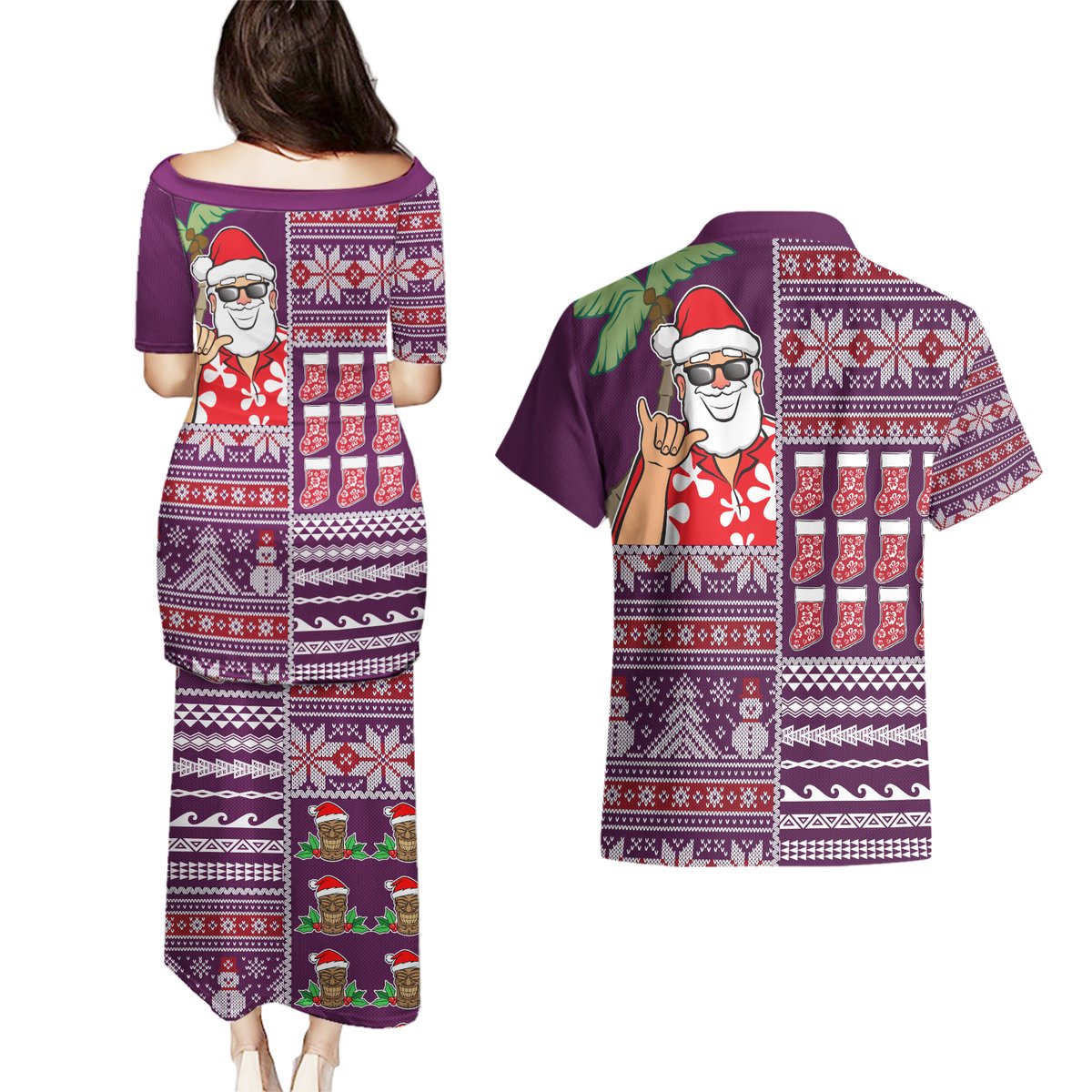 Hawaii Mele Kalikimaka Couples Matching Puletasi Dress and Hawaiian Shirt Aloha and Christmas Elements Patchwork Pink Style LT03 - Polynesian Pride