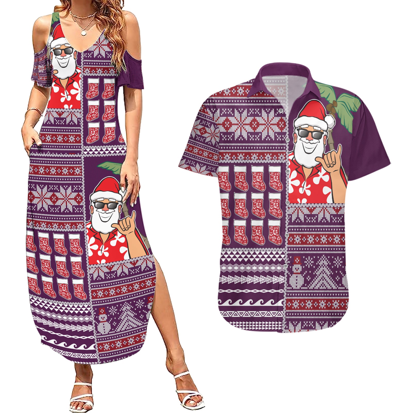 Hawaii Mele Kalikimaka Couples Matching Summer Maxi Dress and Hawaiian Shirt Aloha and Christmas Elements Patchwork Pink Style LT03 Pink - Polynesian Pride