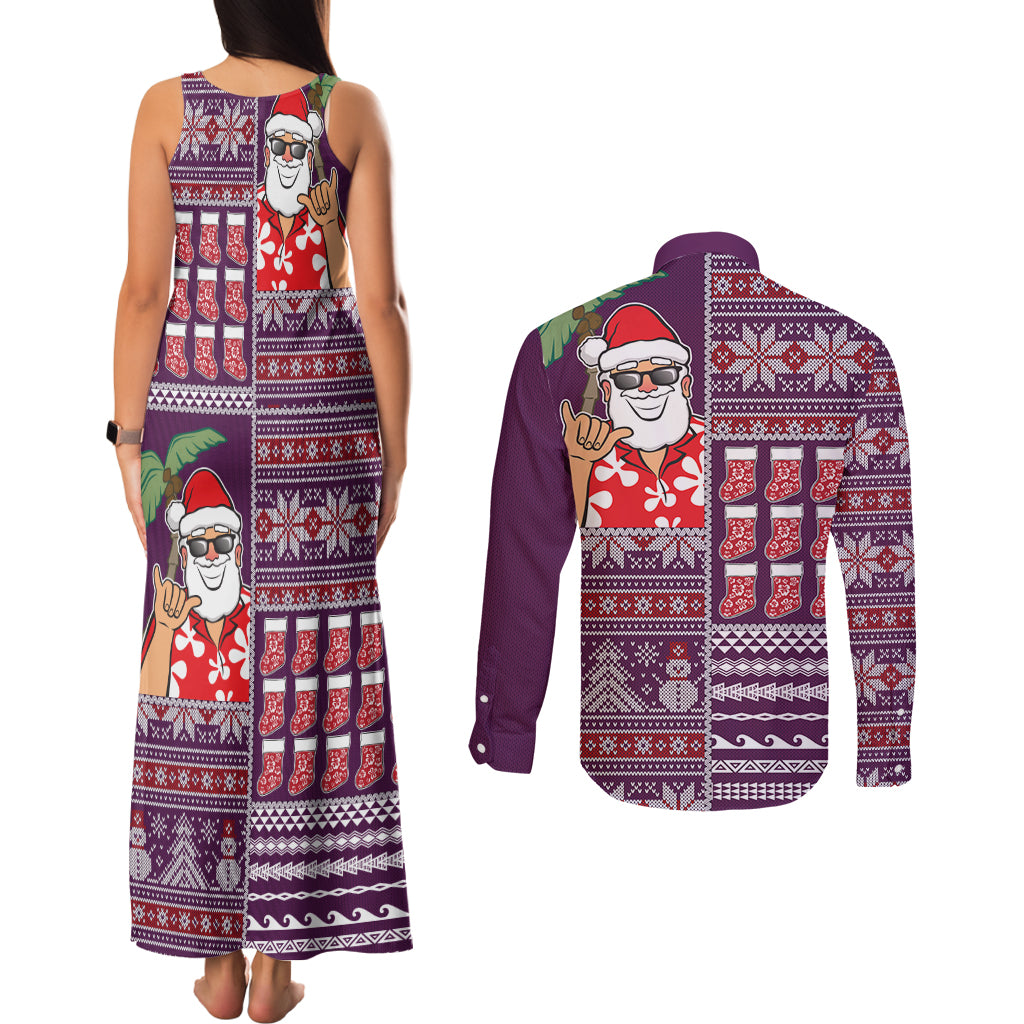 Hawaii Mele Kalikimaka Couples Matching Tank Maxi Dress and Long Sleeve Button Shirt Aloha and Christmas Elements Patchwork Pink Style LT03 - Polynesian Pride