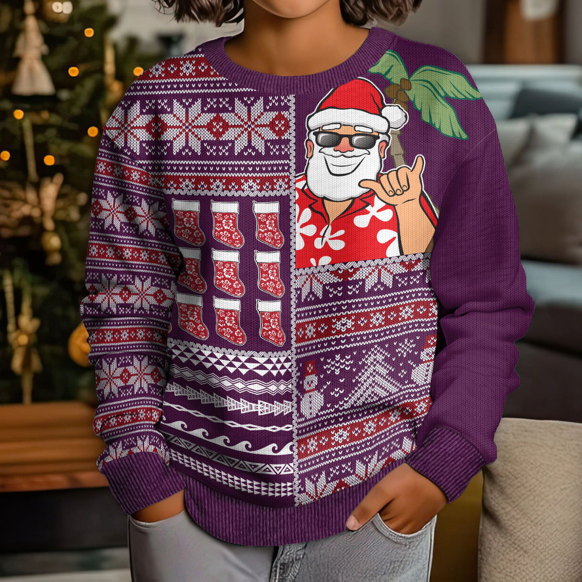 Hawaii Mele Kalikimaka Kid Ugly Christmas Sweater Aloha and Christmas Elements Patchwork Pink Style LT03 - Polynesian Pride
