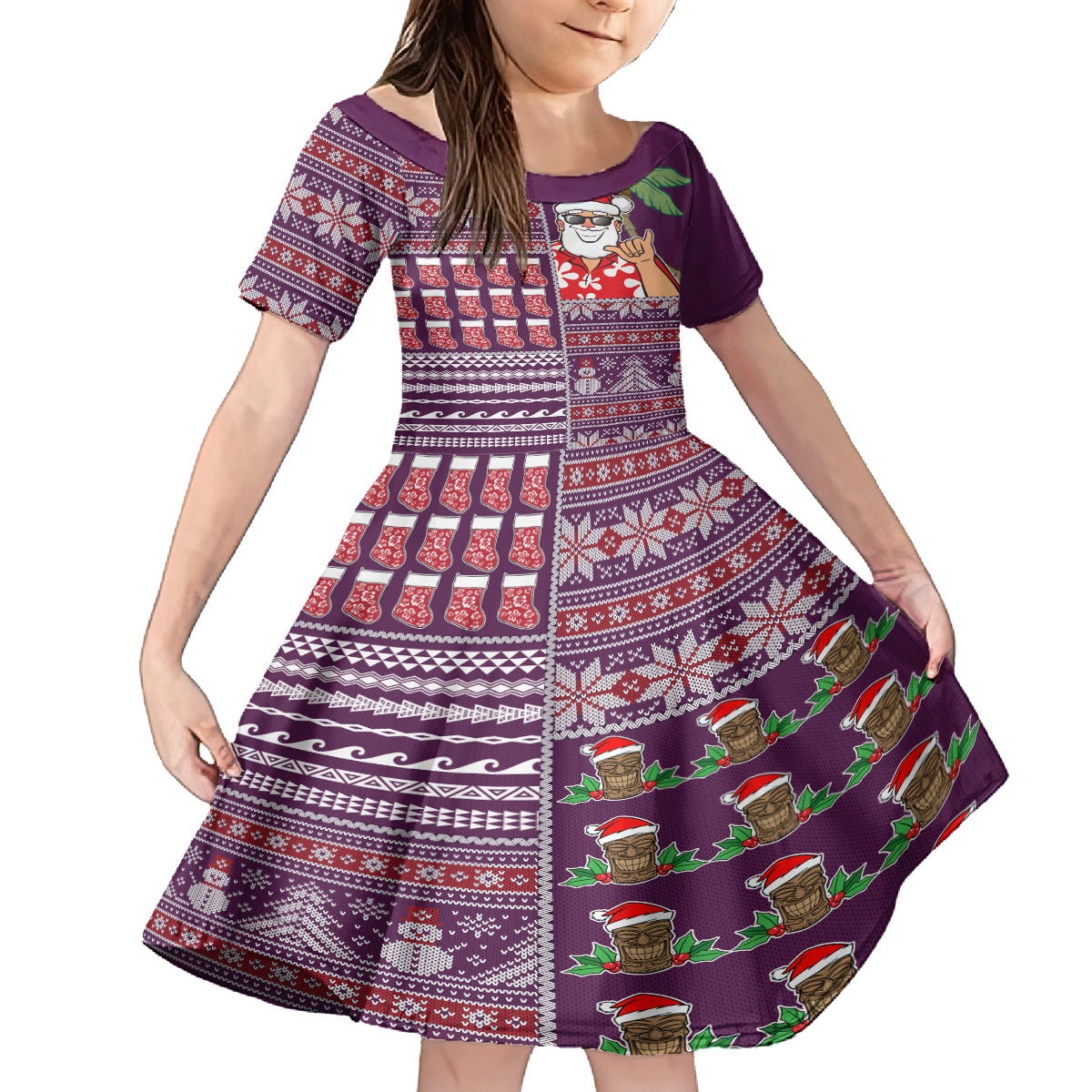 Hawaii Mele Kalikimaka Kid Short Sleeve Dress Aloha and Christmas Elements Patchwork Pink Style LT03 KID Pink - Polynesian Pride