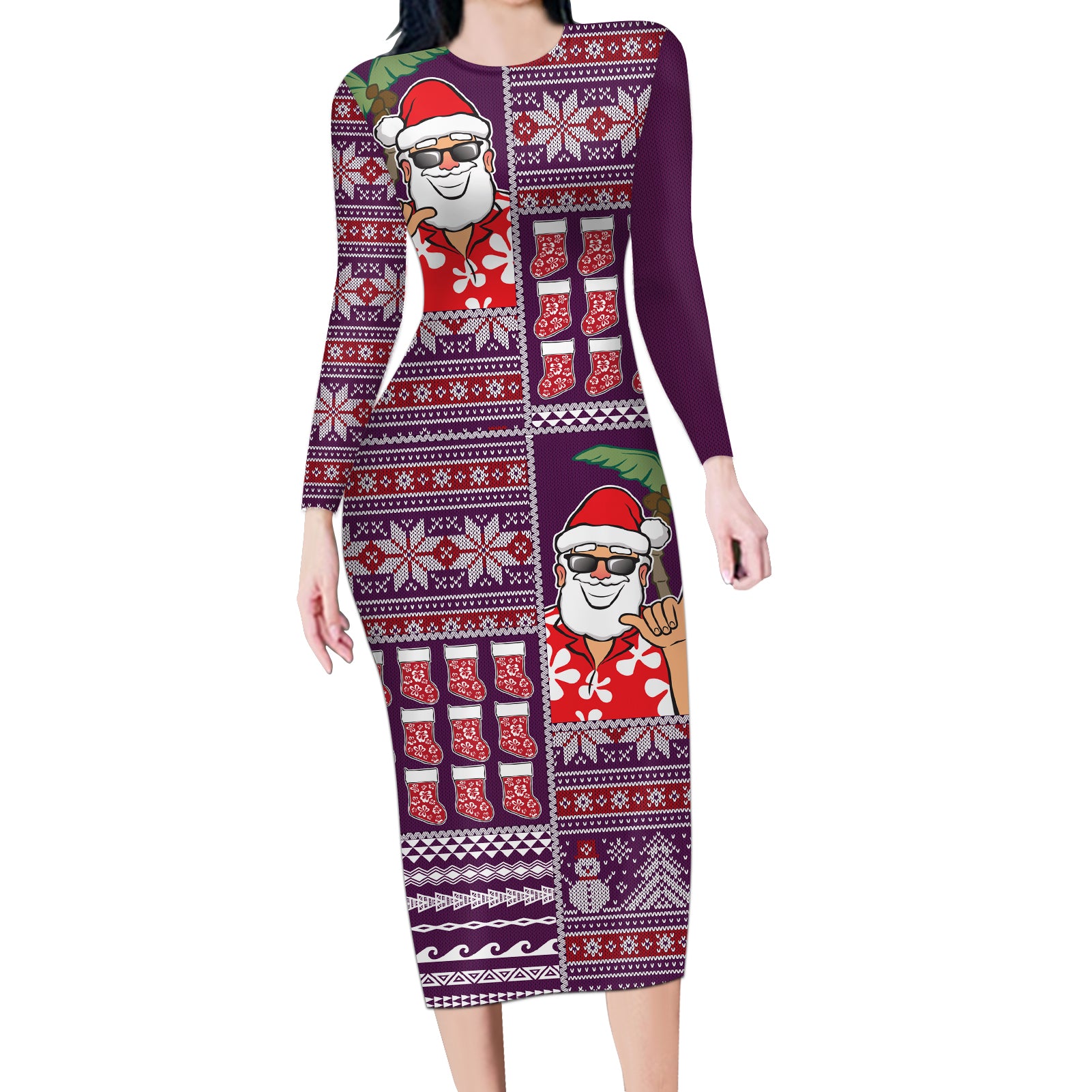 Hawaii Mele Kalikimaka Long Sleeve Bodycon Dress Aloha and Christmas Elements Patchwork Pink Style LT03 Long Dress Pink - Polynesian Pride