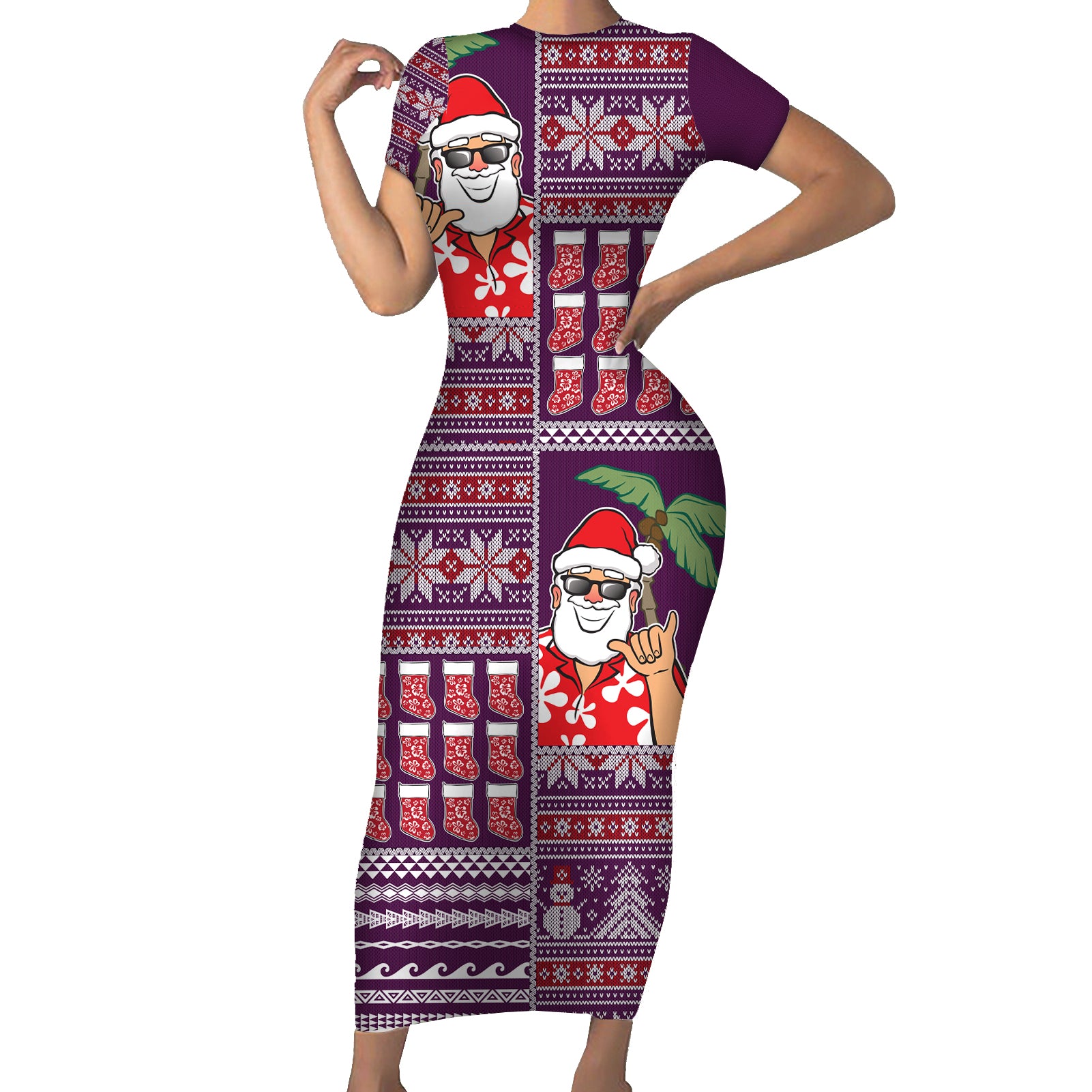 Hawaii Mele Kalikimaka Short Sleeve Bodycon Dress Aloha and Christmas Elements Patchwork Pink Style LT03 Long Dress Pink - Polynesian Pride