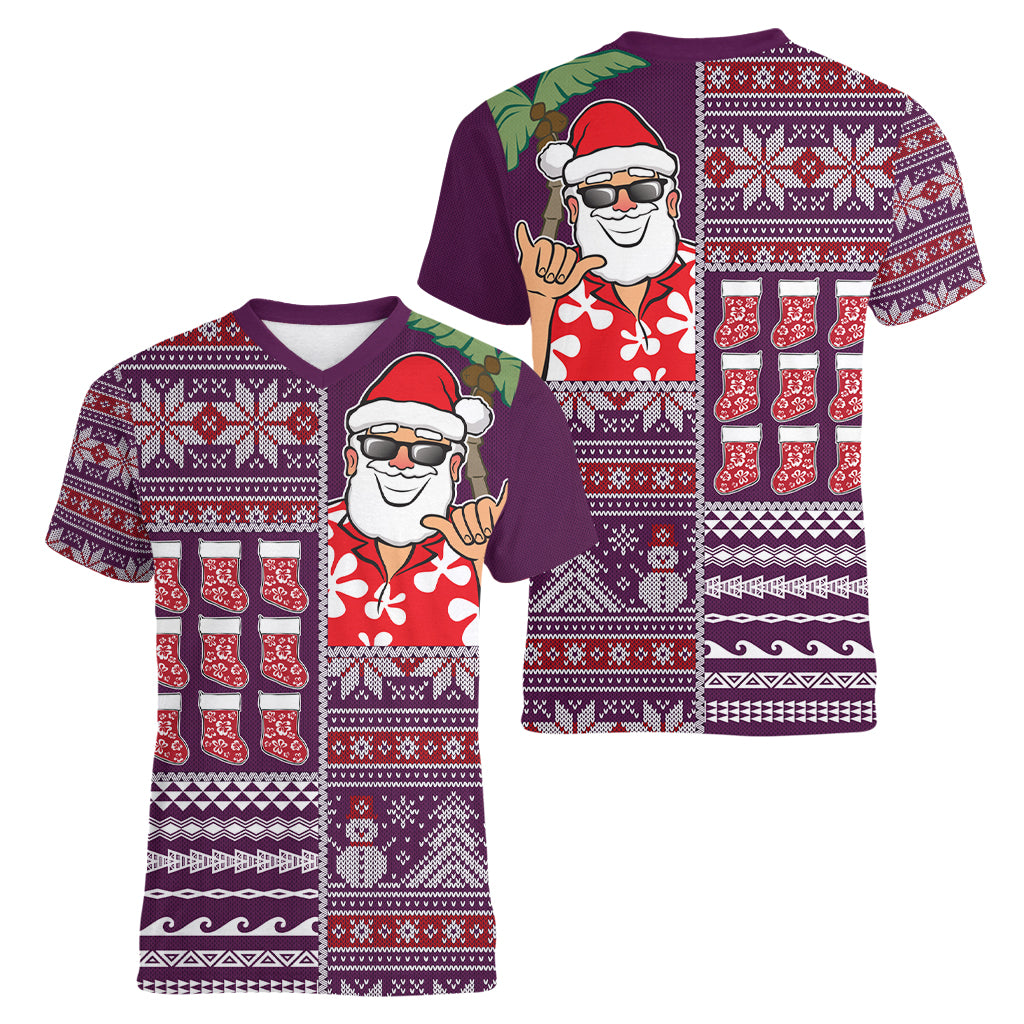 Hawaii Mele Kalikimaka Women V Neck T Shirt Aloha and Christmas Elements Patchwork Pink Style LT03 - Polynesian Pride