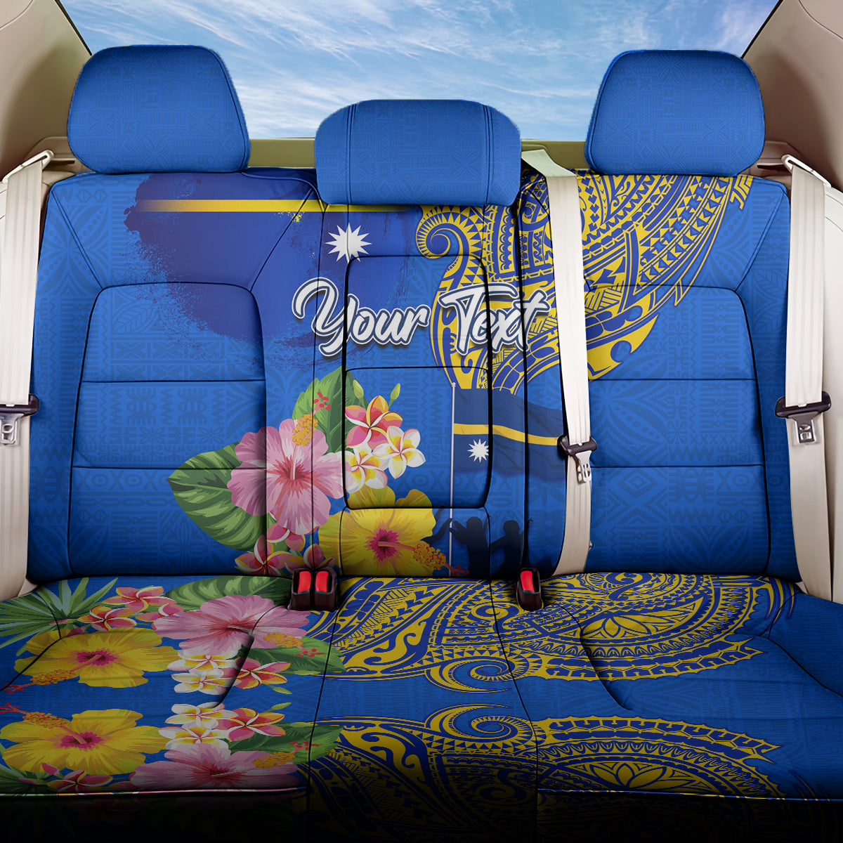 Personalised Nauru Independence Day Back Car Seat Cover Nauruan Tribal Flag Style LT03 One Size Blue - Polynesian Pride