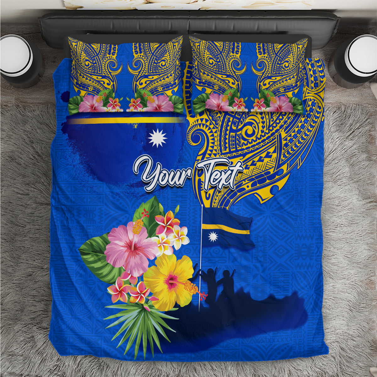 Personalised Nauru Independence Day Bedding Set Nauruan Tribal Flag Style LT03 Blue - Polynesian Pride