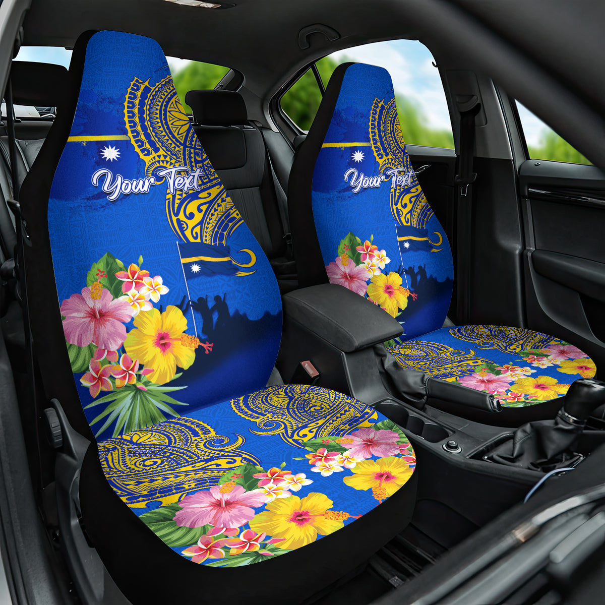 Personalised Nauru Independence Day Car Seat Cover Nauruan Tribal Flag Style LT03 One Size Blue - Polynesian Pride