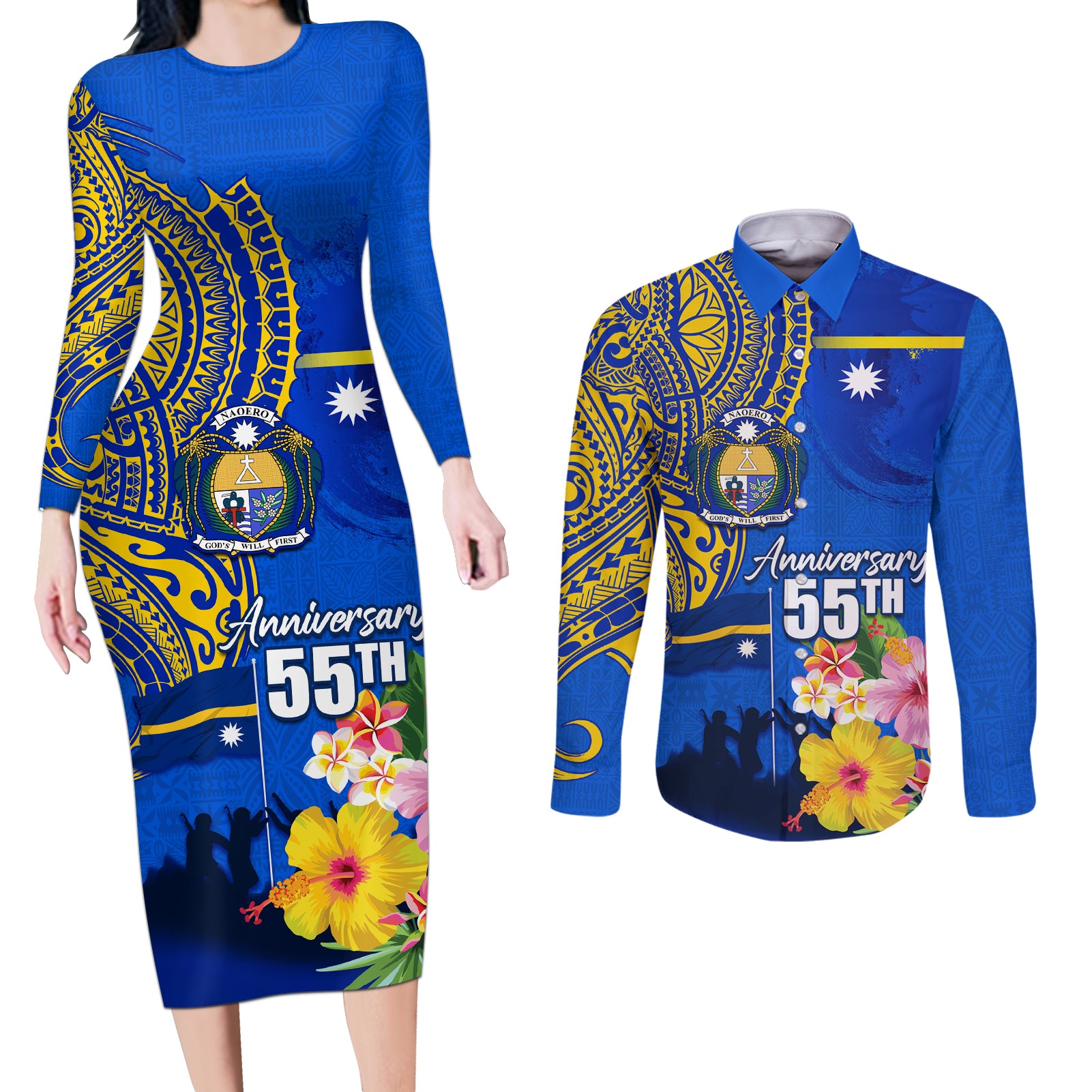 Personalised Nauru Independence Day Couples Matching Long Sleeve Bodycon Dress and Long Sleeve Button Shirt Nauruan Tribal Flag Style LT03 Blue - Polynesian Pride