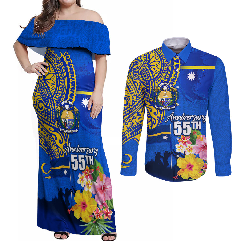 Personalised Nauru Independence Day Couples Matching Off Shoulder Maxi Dress and Long Sleeve Button Shirt Nauruan Tribal Flag Style LT03 Blue - Polynesian Pride
