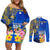 Personalised Nauru Independence Day Couples Matching Off Shoulder Short Dress and Long Sleeve Button Shirt Nauruan Tribal Flag Style LT03 Blue - Polynesian Pride