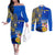 Personalised Nauru Independence Day Couples Matching Off The Shoulder Long Sleeve Dress and Long Sleeve Button Shirt Nauruan Tribal Flag Style LT03 Blue - Polynesian Pride