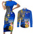 Personalised Nauru Independence Day Couples Matching Short Sleeve Bodycon Dress and Long Sleeve Button Shirt Nauruan Tribal Flag Style LT03 Blue - Polynesian Pride