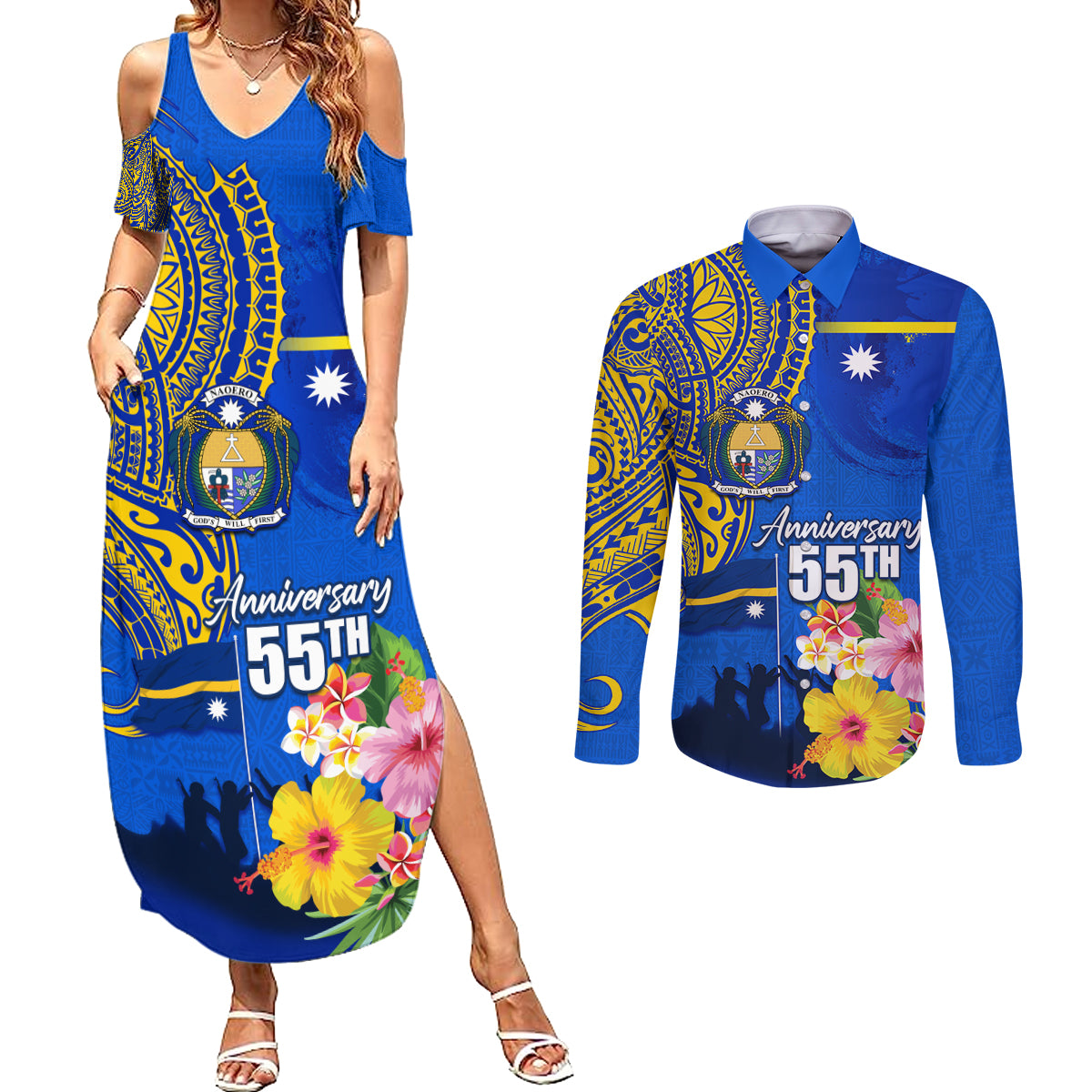 Personalised Nauru Independence Day Couples Matching Summer Maxi Dress and Long Sleeve Button Shirt Nauruan Tribal Flag Style LT03 Blue - Polynesian Pride
