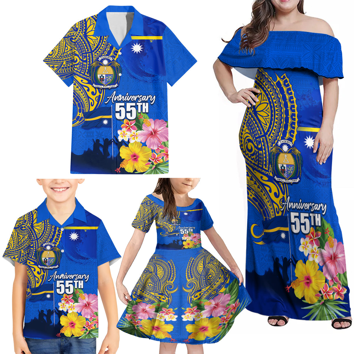 Personalised Nauru Independence Day Family Matching Off Shoulder Maxi Dress and Hawaiian Shirt Nauruan Tribal Flag Style LT03 - Polynesian Pride