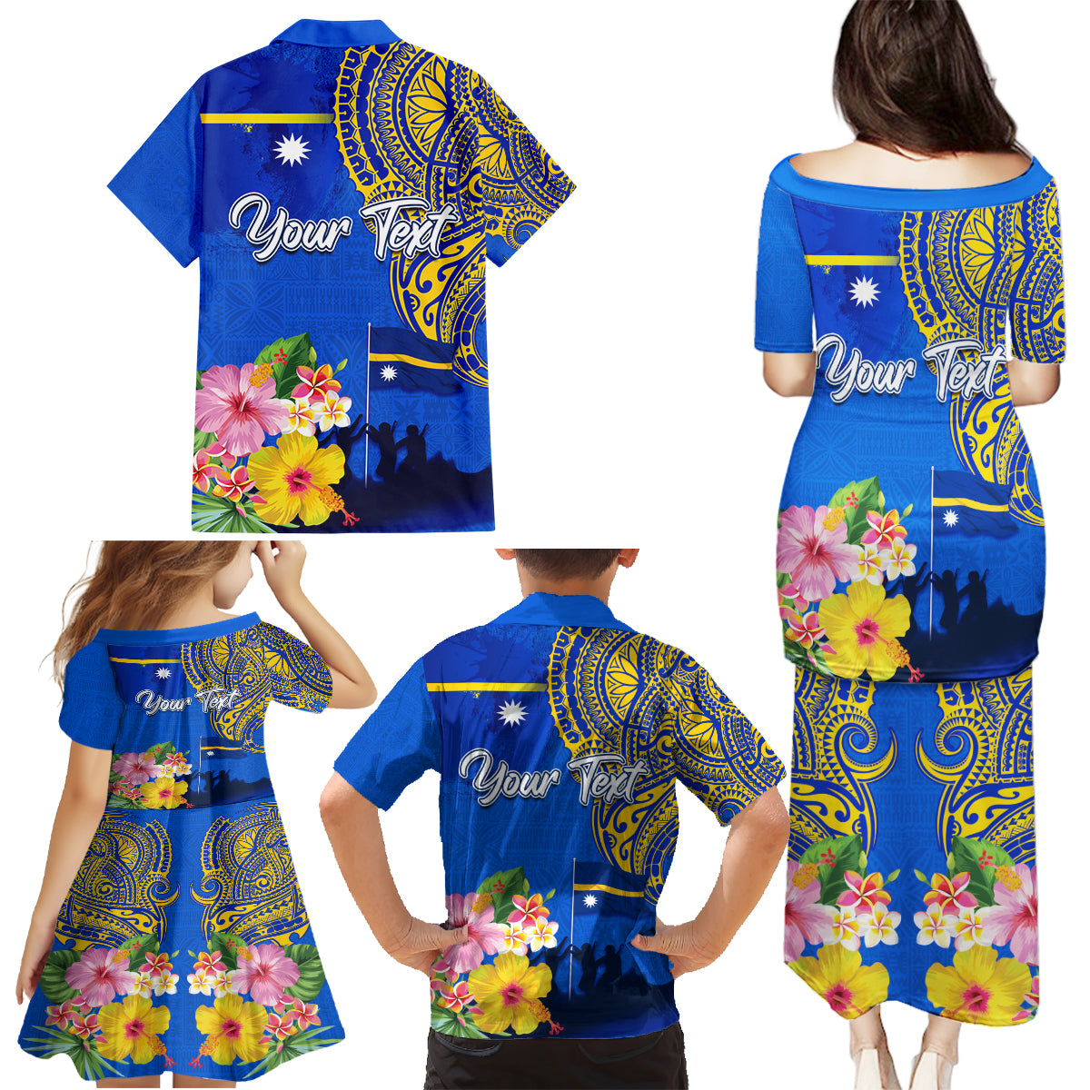 Personalised Nauru Independence Day Family Matching Puletasi and Hawaiian Shirt Nauruan Tribal Flag Style LT03 - Polynesian Pride