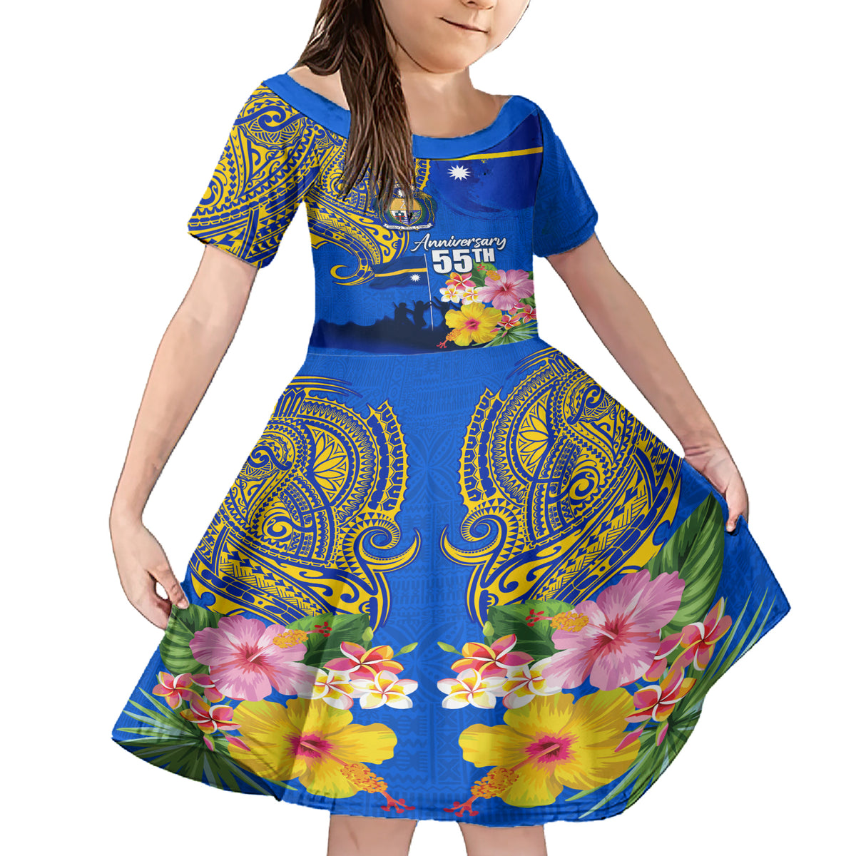 Personalised Nauru Independence Day Family Matching Short Sleeve Bodycon Dress and Hawaiian Shirt Nauruan Tribal Flag Style LT03 Daughter's Dress Blue - Polynesian Pride