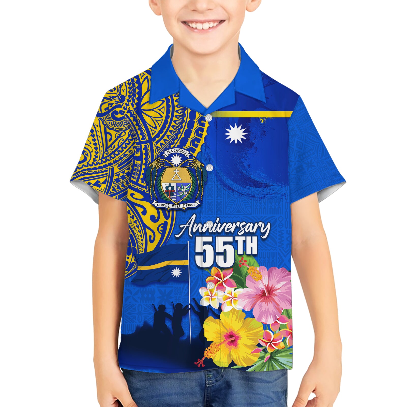 Personalised Nauru Independence Day Kid Hawaiian Shirt Nauruan Tribal Flag Style LT03 Kid Blue - Polynesian Pride
