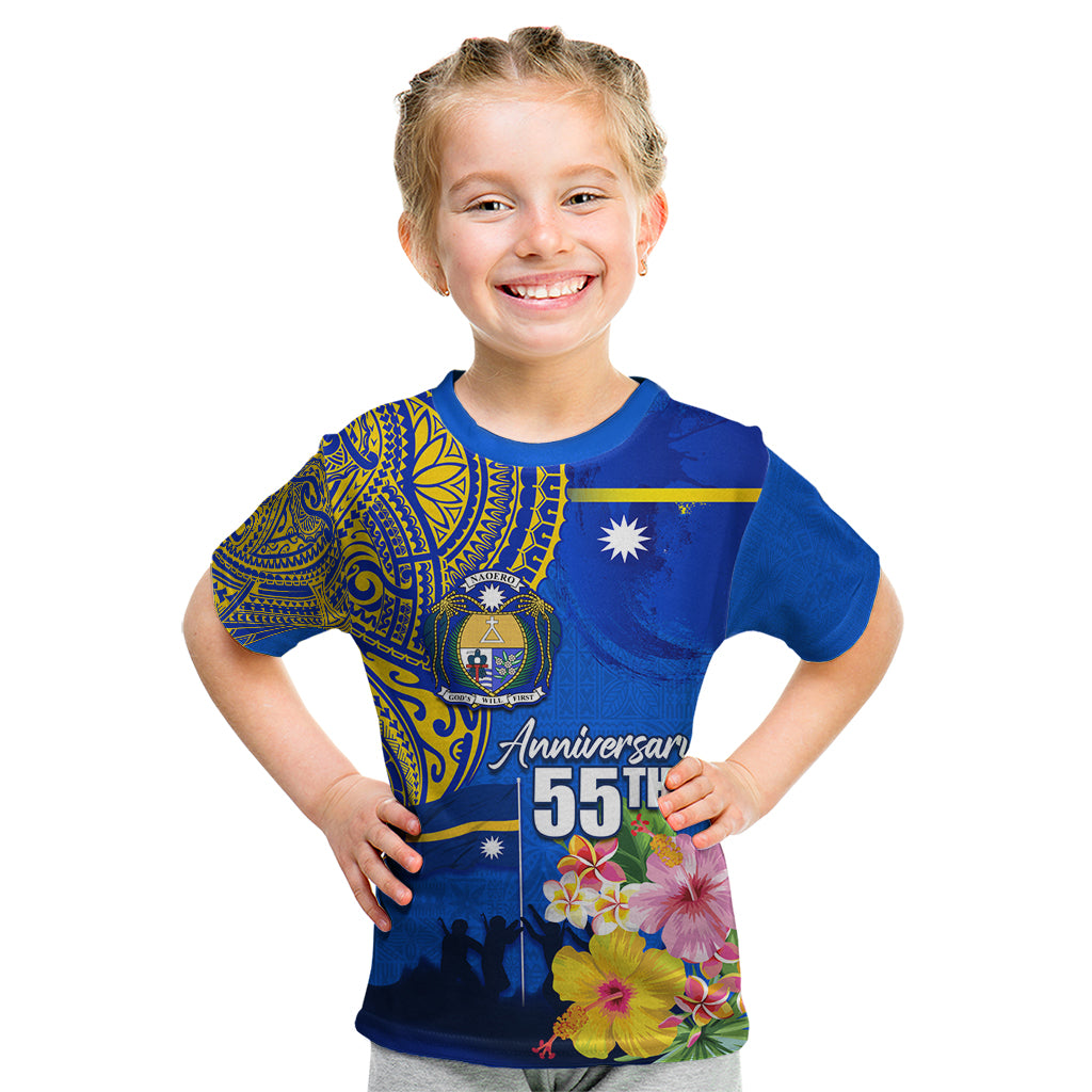 Personalised Nauru Independence Day Kid T Shirt Nauruan Tribal Flag Style LT03 Blue - Polynesian Pride