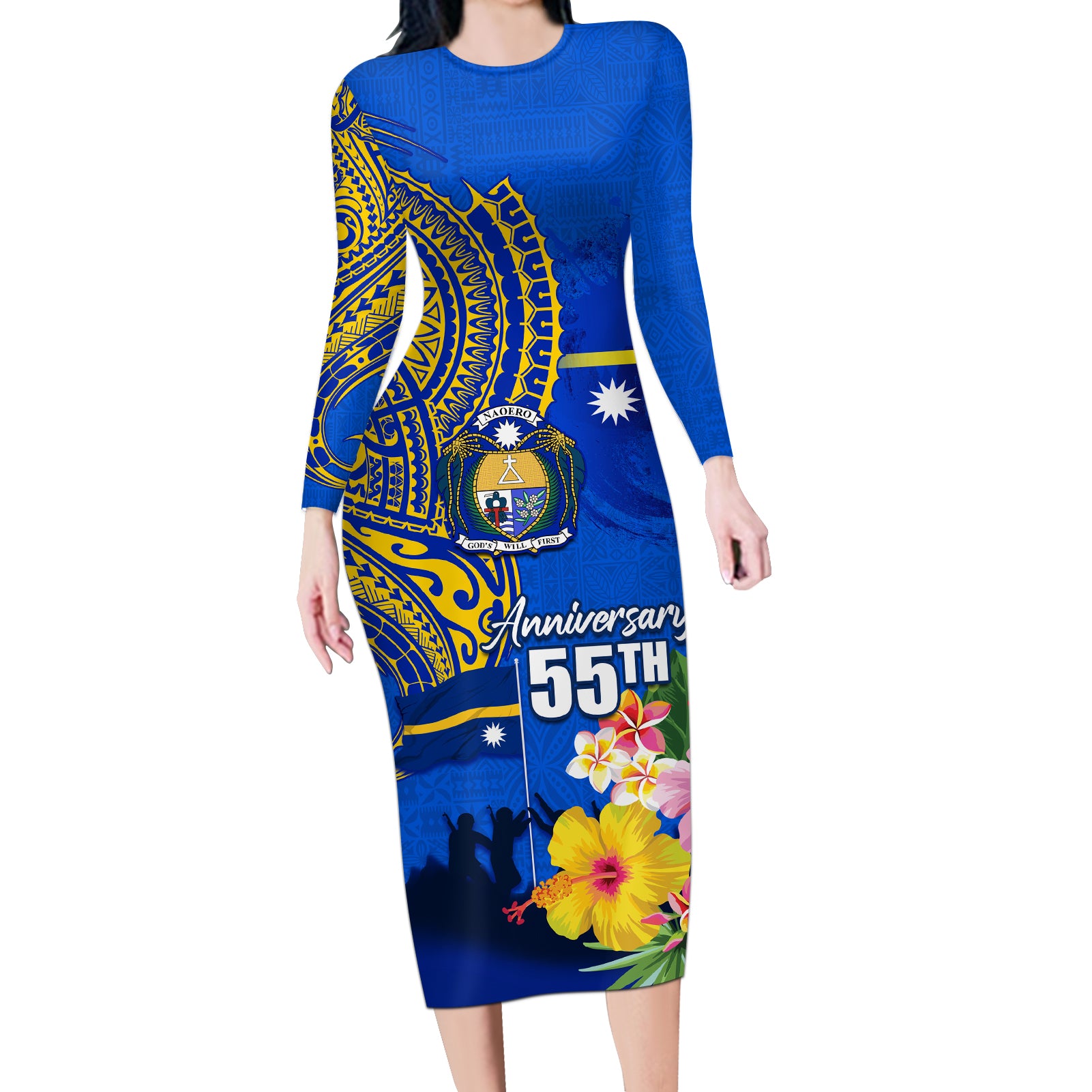 Personalised Nauru Independence Day Long Sleeve Bodycon Dress Nauruan Tribal Flag Style LT03 Long Dress Blue - Polynesian Pride