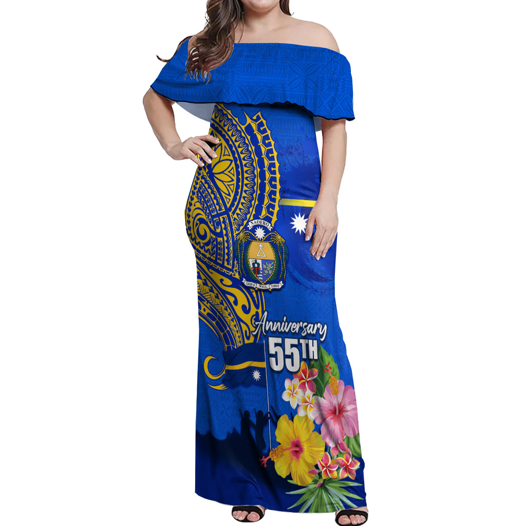 Personalised Nauru Independence Day Off Shoulder Maxi Dress Nauruan Tribal Flag Style LT03 Women Blue - Polynesian Pride