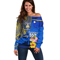 Personalised Nauru Independence Day Off Shoulder Sweater Nauruan Tribal Flag Style LT03 Women Blue - Polynesian Pride