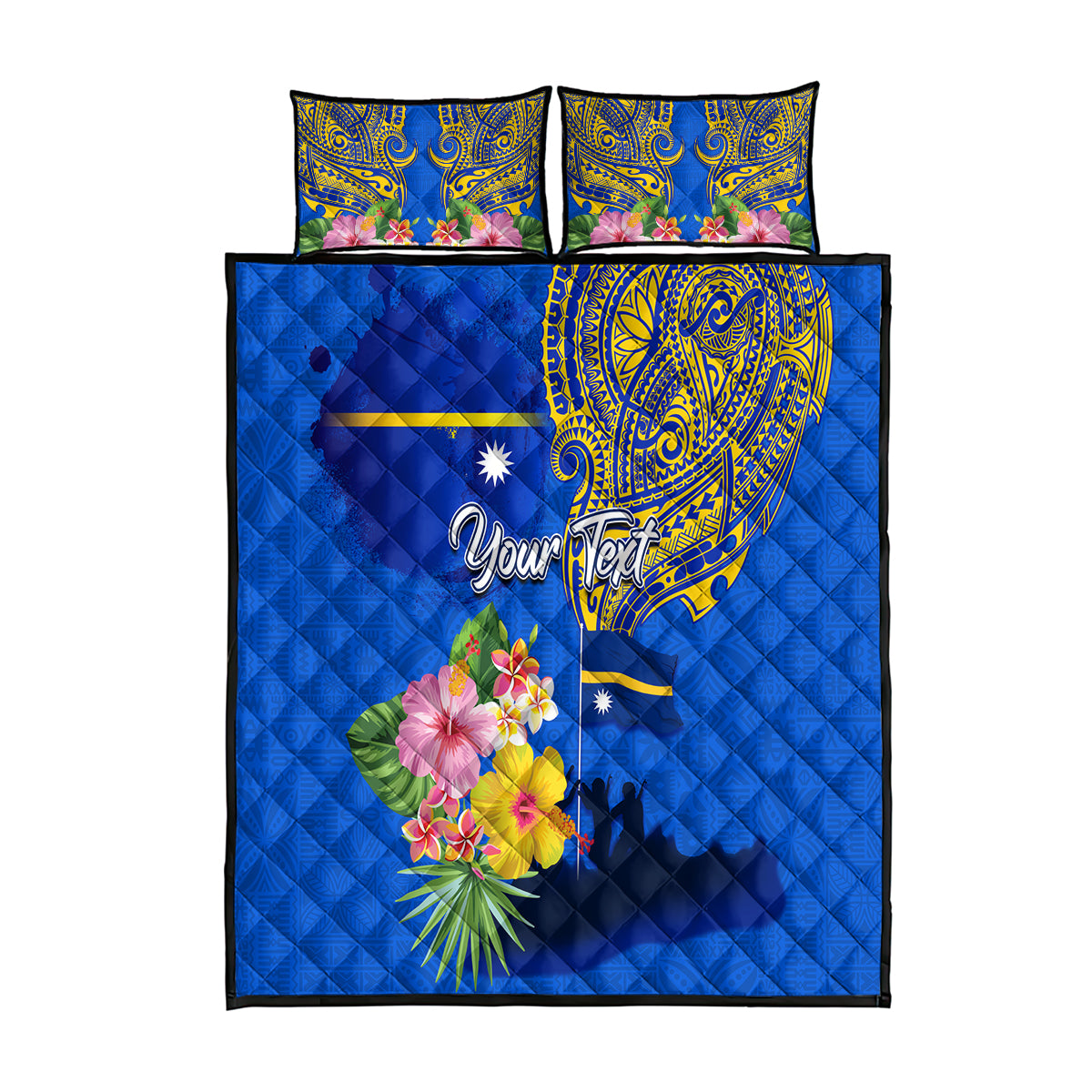 Personalised Nauru Independence Day Quilt Bed Set Nauruan Tribal Flag Style LT03 Blue - Polynesian Pride