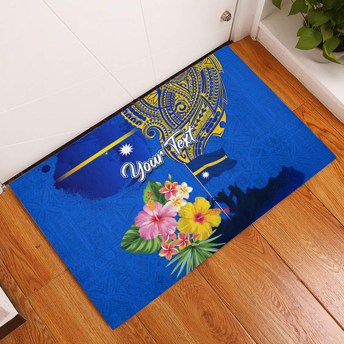 Personalised Nauru Independence Day Rubber Doormat Nauruan Tribal Flag Style LT03 Blue - Polynesian Pride