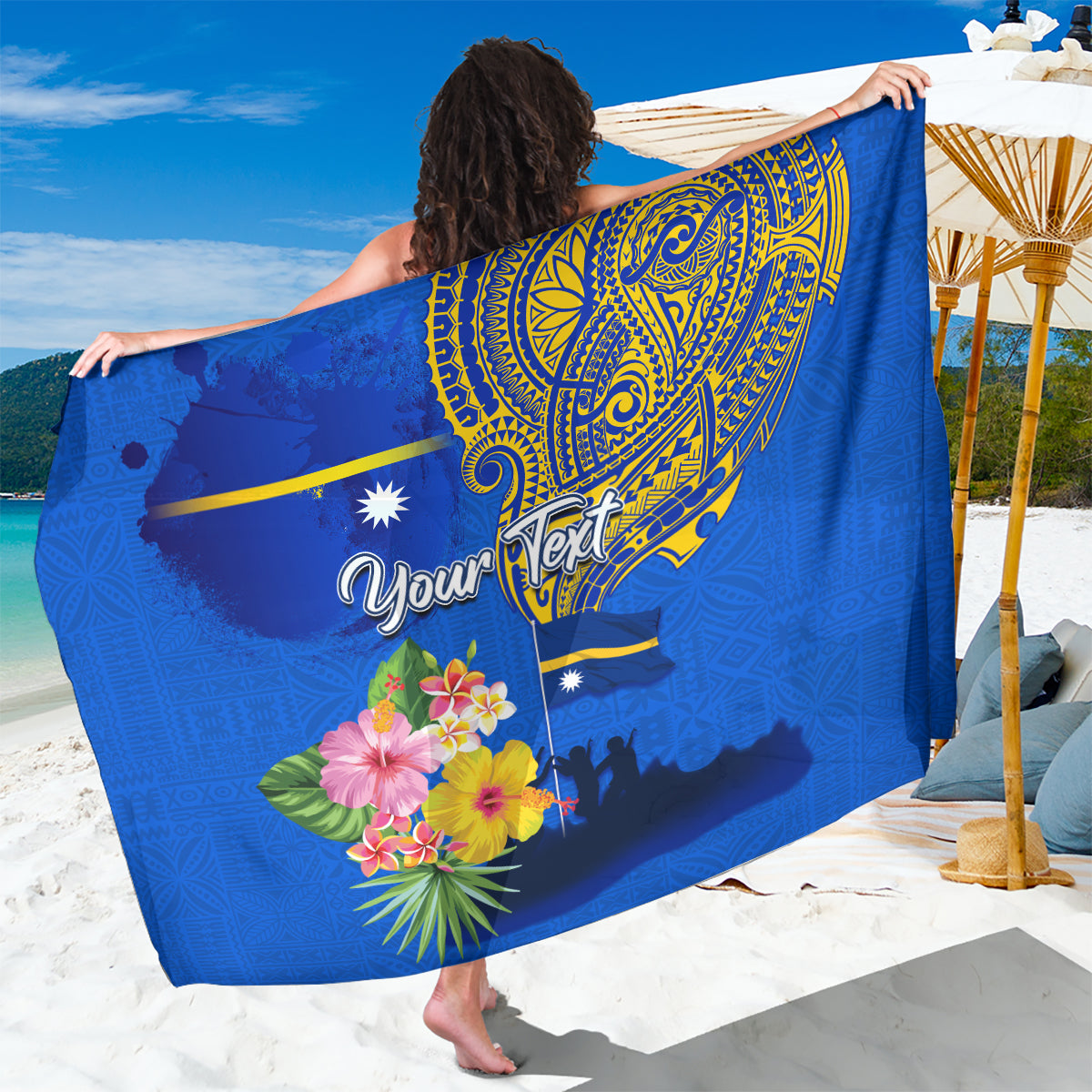 Personalised Nauru Independence Day Sarong Nauruan Tribal Flag Style LT03 One Size 44 x 66 inches Blue - Polynesian Pride