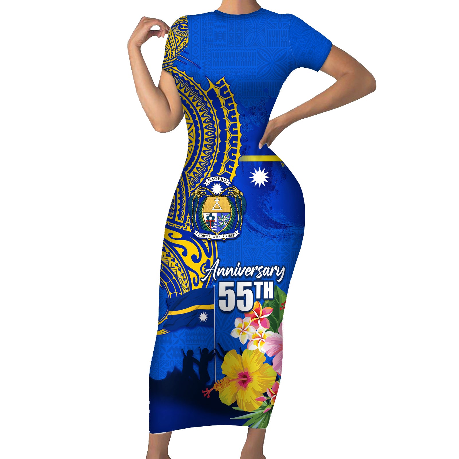Personalised Nauru Independence Day Short Sleeve Bodycon Dress Nauruan Tribal Flag Style LT03 Long Dress Blue - Polynesian Pride