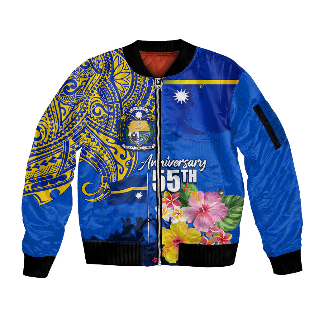 Personalised Nauru Independence Day Sleeve Zip Bomber Jacket Nauruan Tribal Flag Style LT03 Unisex Blue - Polynesian Pride