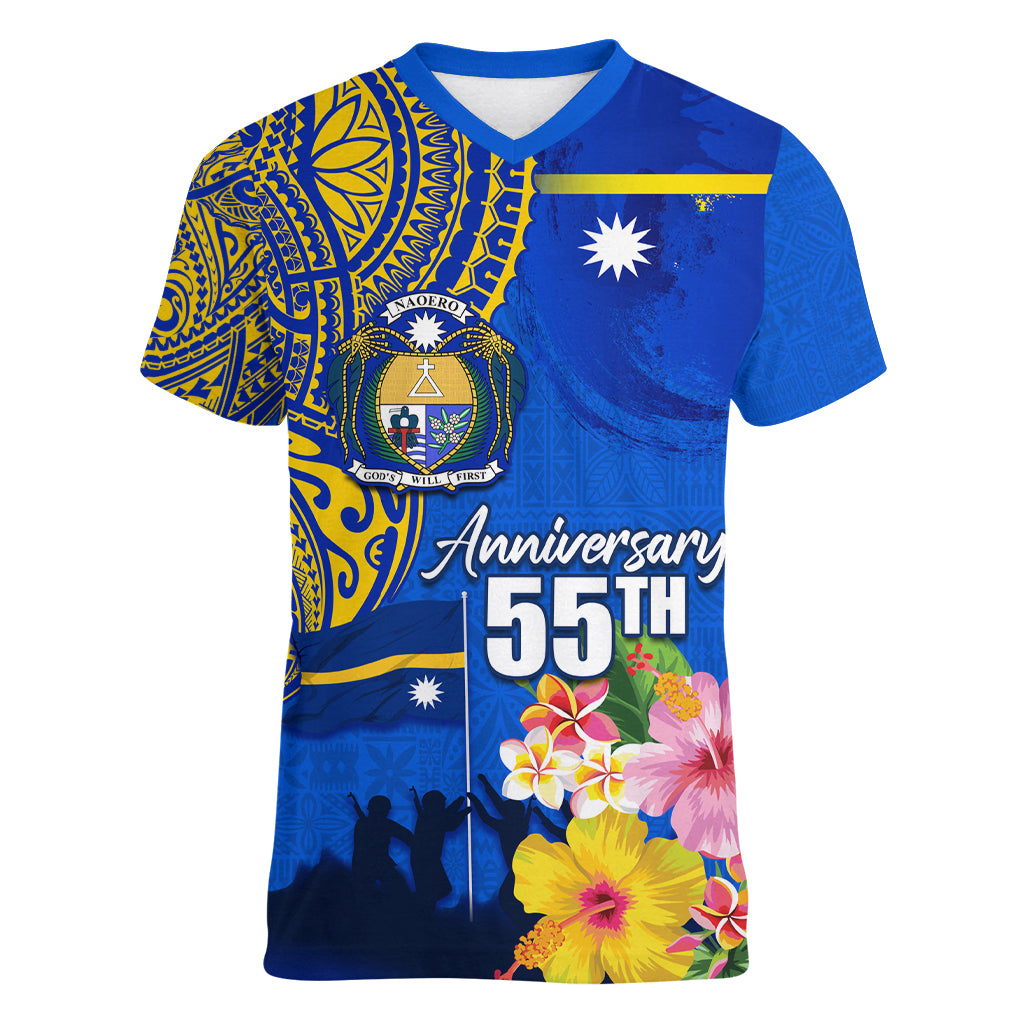 Personalised Nauru Independence Day Women V Neck T Shirt Nauruan Tribal Flag Style LT03 Female Blue - Polynesian Pride