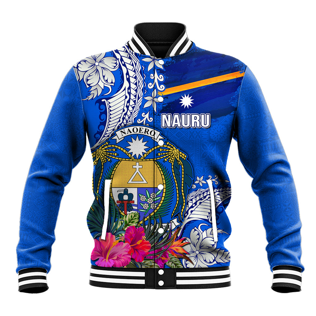 Personalised Nauru Coat of Arms Baseball Jacket Tropical Flower Polynesian Pattern LT03 Unisex Blue - Polynesian Pride