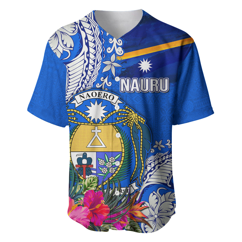 Personalised Nauru Coat of Arms Baseball Jersey Tropical Flower Polynesian Pattern LT03 Blue - Polynesian Pride