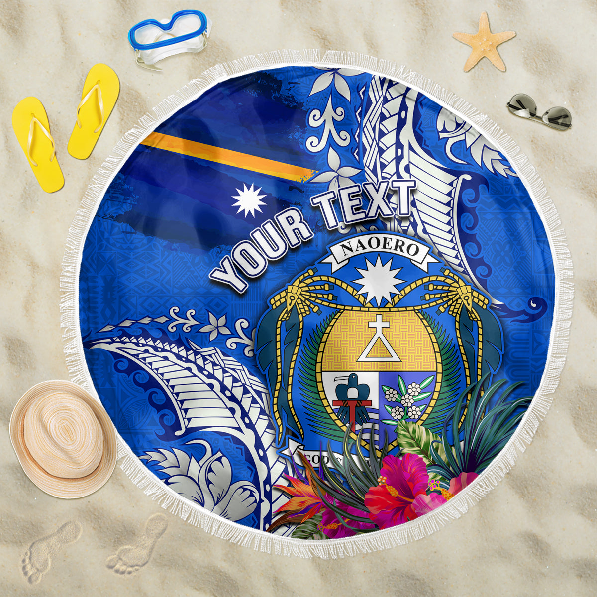Personalised Nauru Coat of Arms Beach Blanket Tropical Flower Polynesian Pattern LT03 One Size 150cm Blue - Polynesian Pride