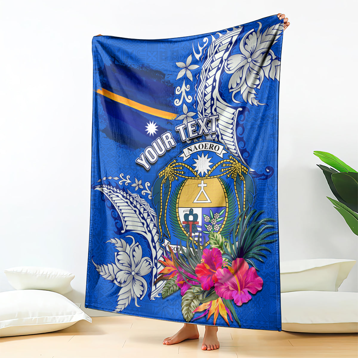 Personalised Nauru Coat of Arms Blanket Tropical Flower Polynesian Pattern LT03 Blue - Polynesian Pride