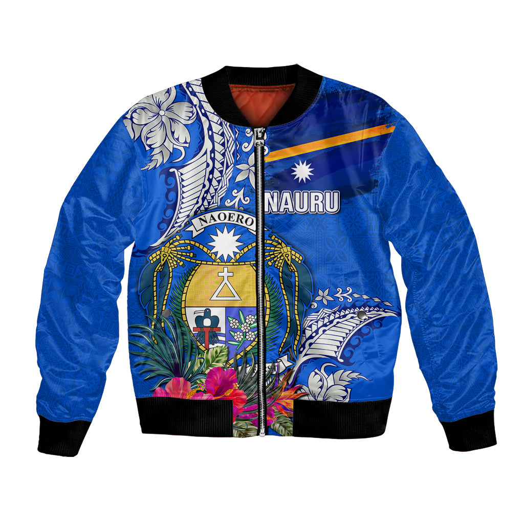 Personalised Nauru Coat of Arms Bomber Jacket Tropical Flower Polynesian Pattern LT03 Unisex Blue - Polynesian Pride