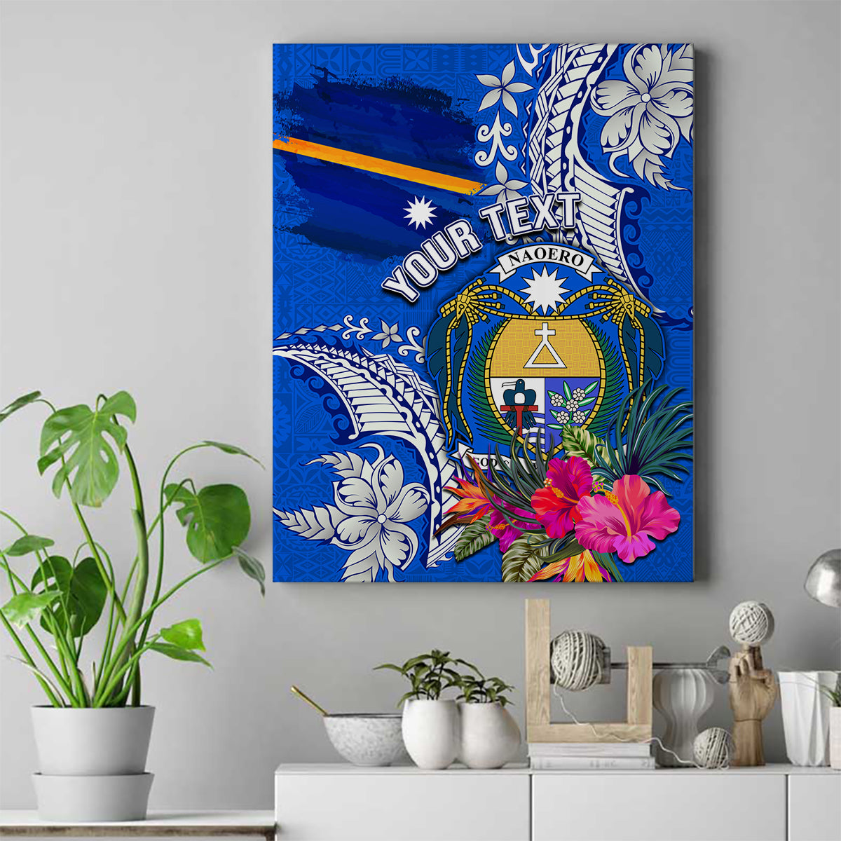 Personalised Nauru Coat of Arms Canvas Wall Art Tropical Flower Polynesian Pattern LT03 Blue - Polynesian Pride