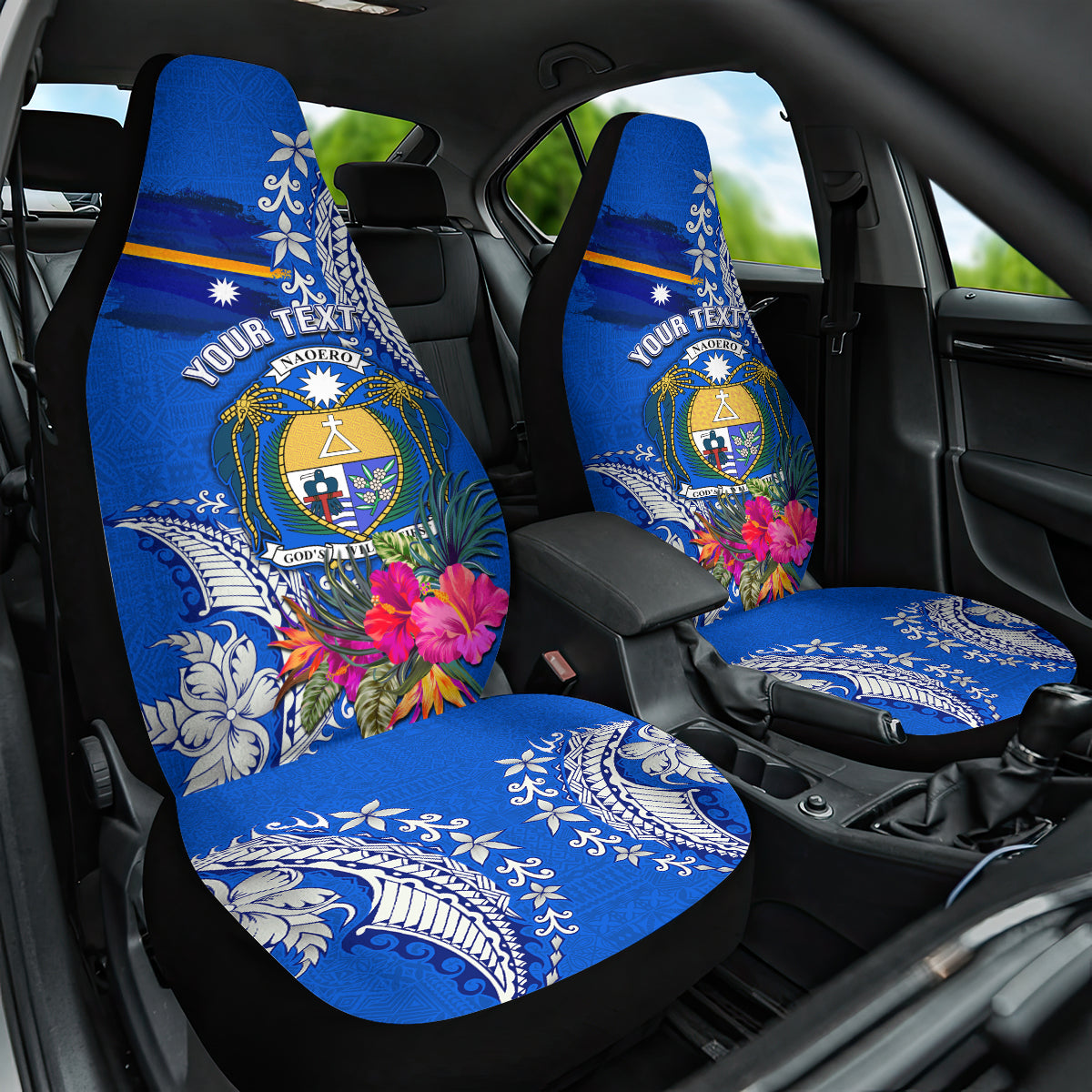 Personalised Nauru Coat of Arms Car Seat Cover Tropical Flower Polynesian Pattern LT03 One Size Blue - Polynesian Pride