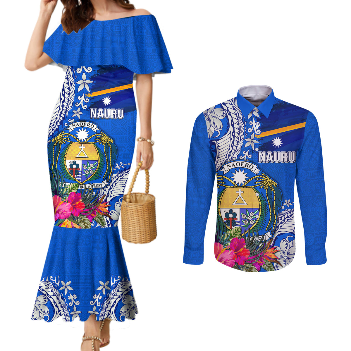 Personalised Nauru Coat of Arms Couples Matching Mermaid Dress and Long Sleeve Button Shirt Tropical Flower Polynesian Pattern LT03 Blue - Polynesian Pride