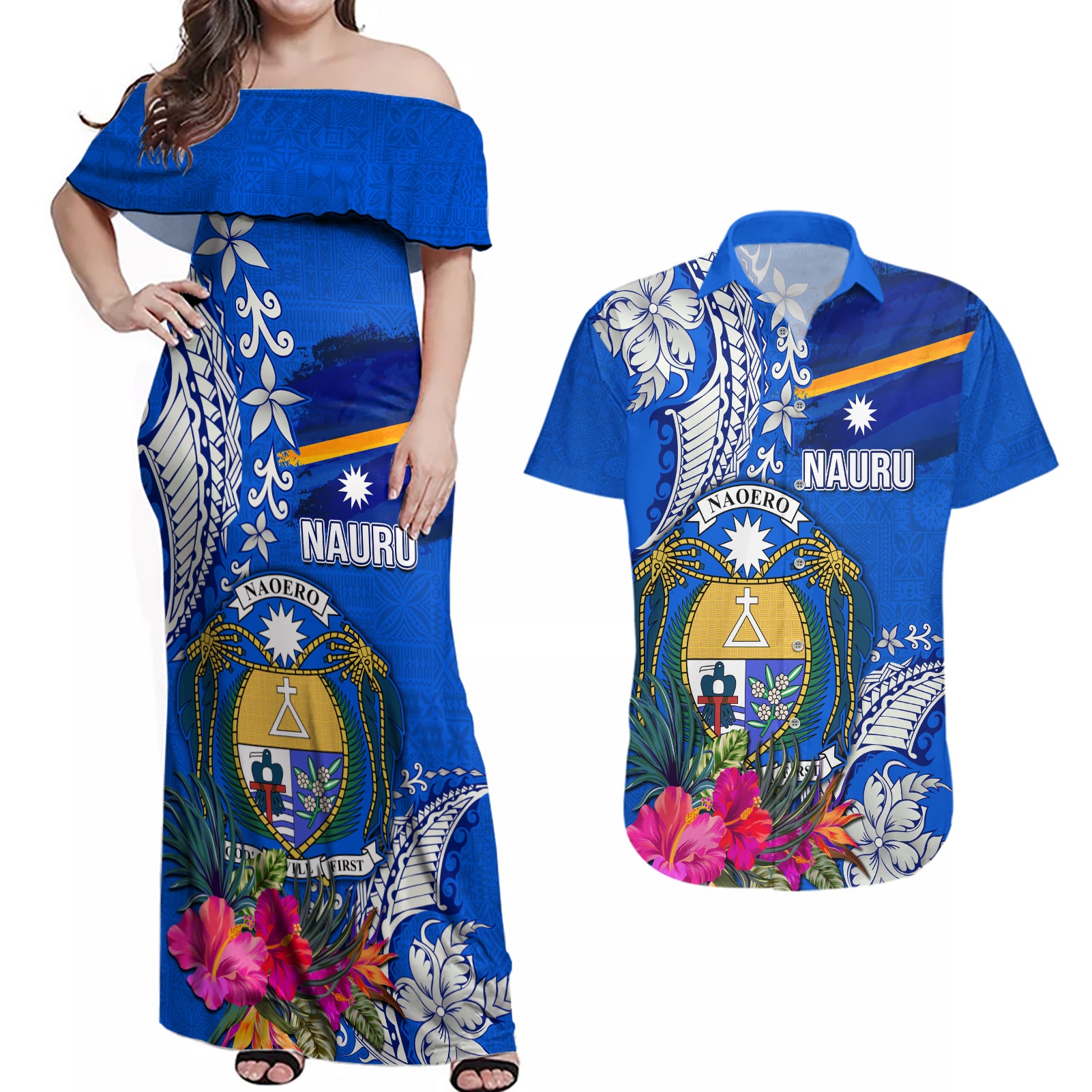 Personalised Nauru Coat of Arms Couples Matching Off Shoulder Maxi Dress and Hawaiian Shirt Tropical Flower Polynesian Pattern LT03 Blue - Polynesian Pride