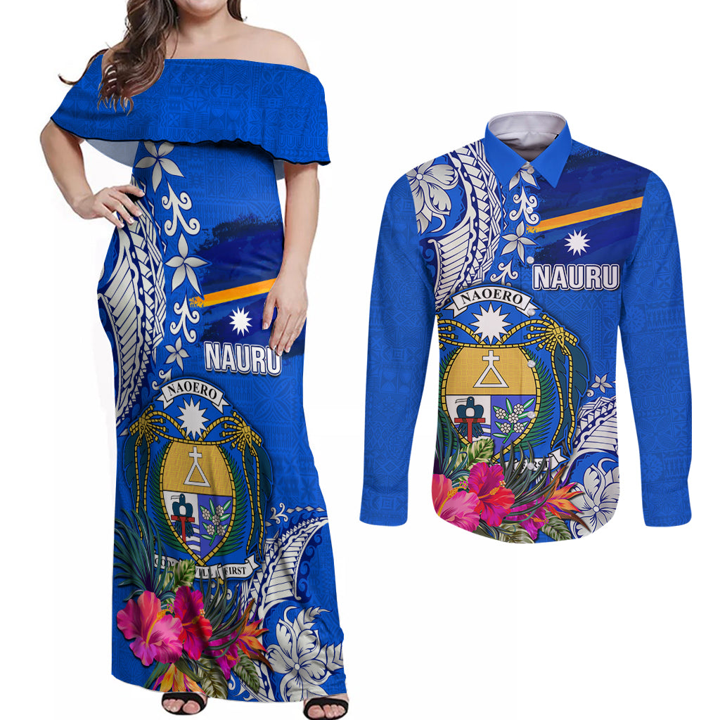 Personalised Nauru Coat of Arms Couples Matching Off Shoulder Maxi Dress and Long Sleeve Button Shirt Tropical Flower Polynesian Pattern LT03 Blue - Polynesian Pride