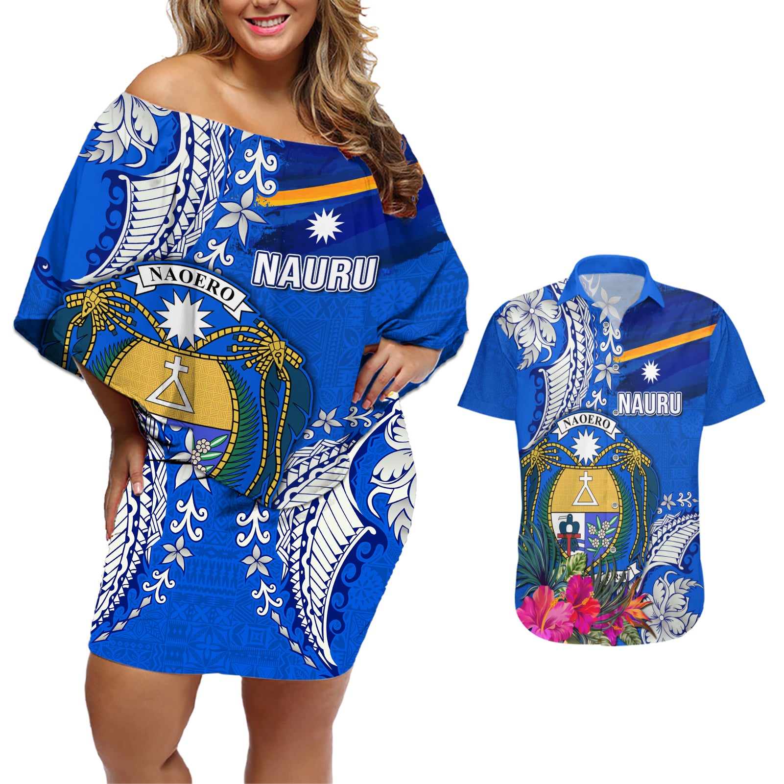 Personalised Nauru Coat of Arms Couples Matching Off Shoulder Short Dress and Hawaiian Shirt Tropical Flower Polynesian Pattern LT03 Blue - Polynesian Pride