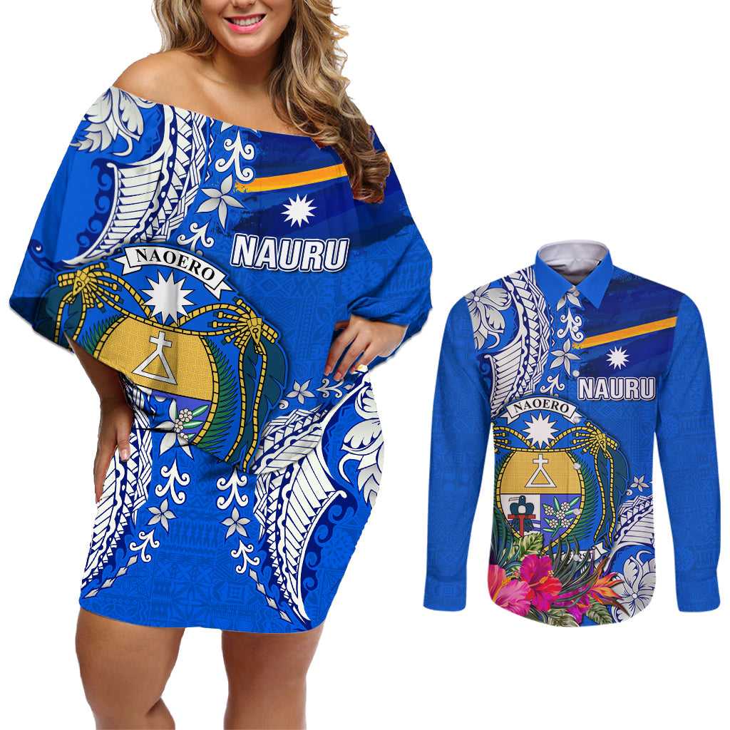 Personalised Nauru Coat of Arms Couples Matching Off Shoulder Short Dress and Long Sleeve Button Shirt Tropical Flower Polynesian Pattern LT03 Blue - Polynesian Pride