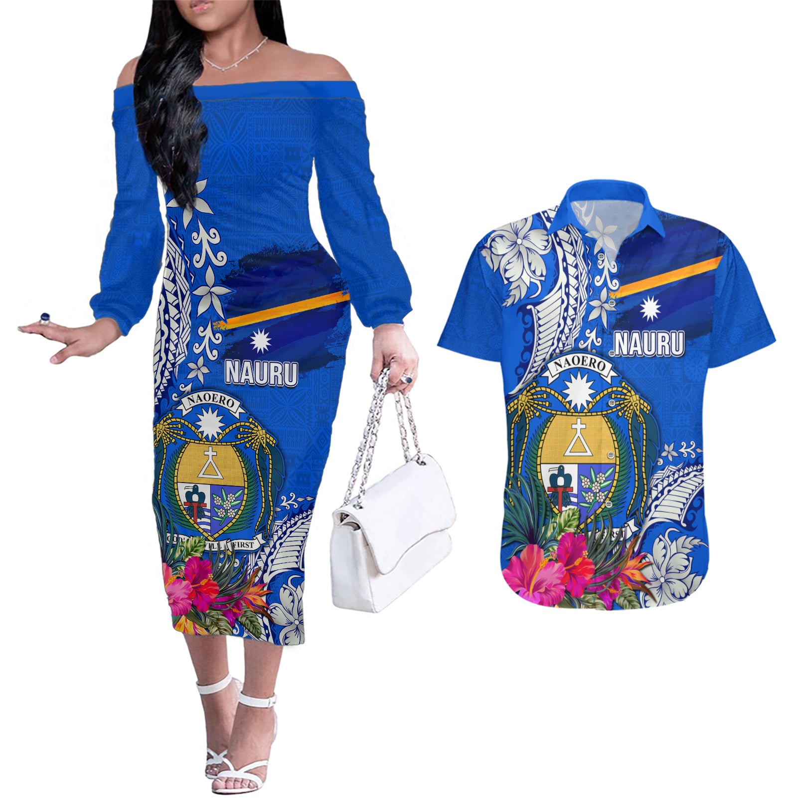 Personalised Nauru Coat of Arms Couples Matching Off The Shoulder Long Sleeve Dress and Hawaiian Shirt Tropical Flower Polynesian Pattern LT03 Blue - Polynesian Pride