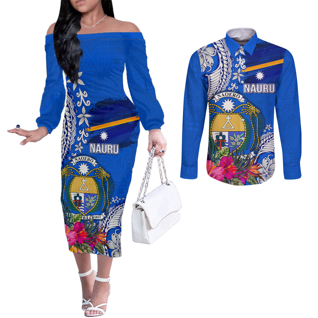 Personalised Nauru Coat of Arms Couples Matching Off The Shoulder Long Sleeve Dress and Long Sleeve Button Shirt Tropical Flower Polynesian Pattern LT03 Blue - Polynesian Pride