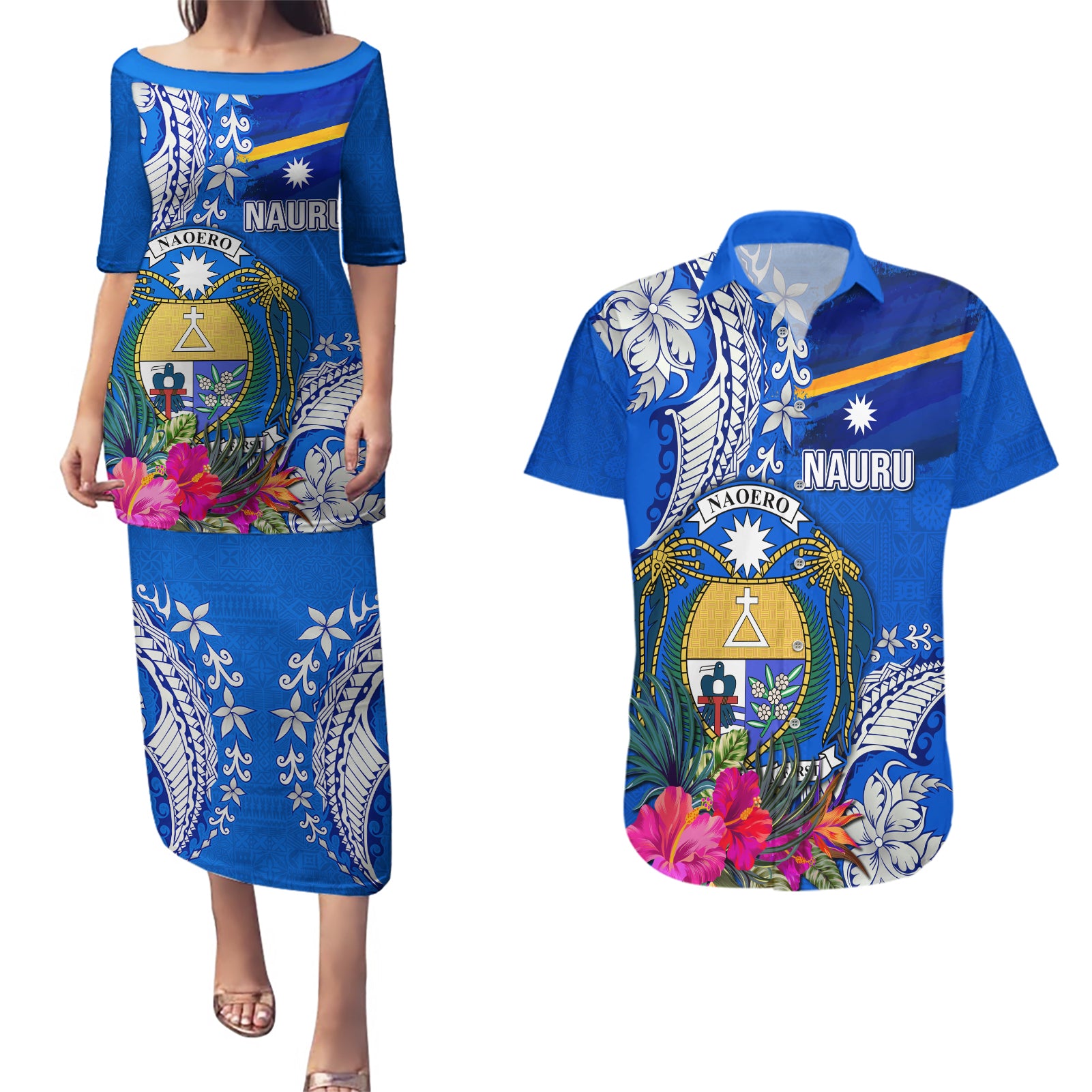 Personalised Nauru Coat of Arms Couples Matching Puletasi and Hawaiian Shirt Tropical Flower Polynesian Pattern LT03 Blue - Polynesian Pride