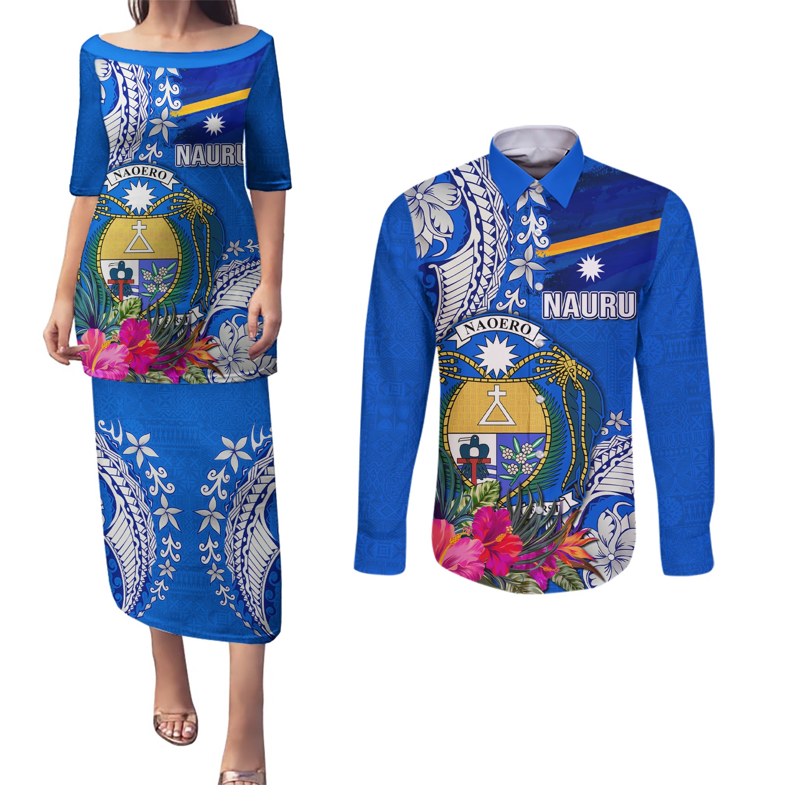 Personalised Nauru Coat of Arms Couples Matching Puletasi and Long Sleeve Button Shirt Tropical Flower Polynesian Pattern LT03 Blue - Polynesian Pride